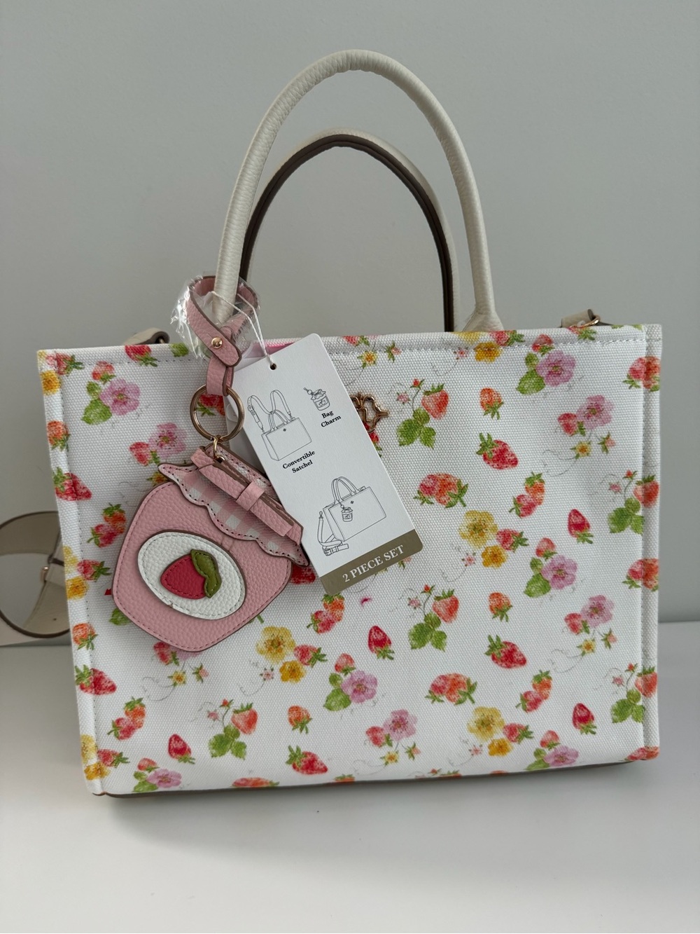 Floral Canvas Tote with Pink Charm - Women Bags